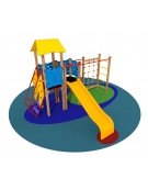 Torretta gioco in legno scivolo vetroresina, parete con rete di corda e spalliera svedese- Da interrare - cm 355x250x250h