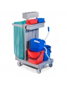 Carrello multiuso per pulizie con 2 secchi, un reggisacco, ganci portascope e cestino portabottiglie - cm 92x68x124h