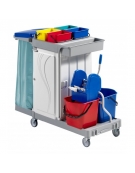 carrello pulizie cromato con strizzatore, portasacco e portabottiglie e oggetti cm 75x46x122h