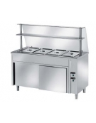TAVOLO INOX AISI 304 CALDO SELF SERVICE BAGNOMARIA, X4 GN1/1 - VANO INFERIORE RISCALDATO CON VETRO E MENSOLA CM 150X70X145H