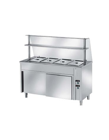 TAVOLO INOX AISI 304 CALDO SELF SERVICE BAGNOMARIA, X4 GN1/1 - VANO INFERIORE RISCALDATO CON VETRO E MENSOLA CM 150X70X145H