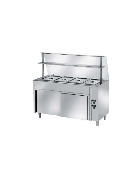 TAVOLO INOX AISI 304 CALDO SELF SERVICE BAGNOMARIA, X4 GN1/1 - VANO INFERIORE RISCALDATO CON VETRO E MENSOLA CM 150X70X145H