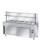 TAVOLO INOX AISI304 CALDO SELFSERVICE BAGNOMARIA, X5 GN1/1, VANO INFERIORE RISCALDATO CON VETRO E MENSOLA-CM 200X70X145H