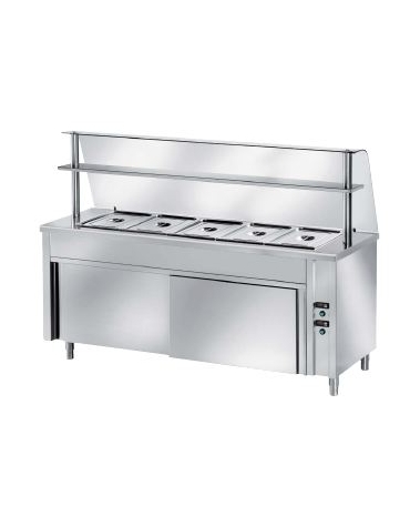 TAVOLO INOX AISI304 CALDO SELFSERVICE BAGNOMARIA, X5 GN1/1, VANO INFERIORE RISCALDATO CON VETRO E MENSOLA-CM 200X70X145H