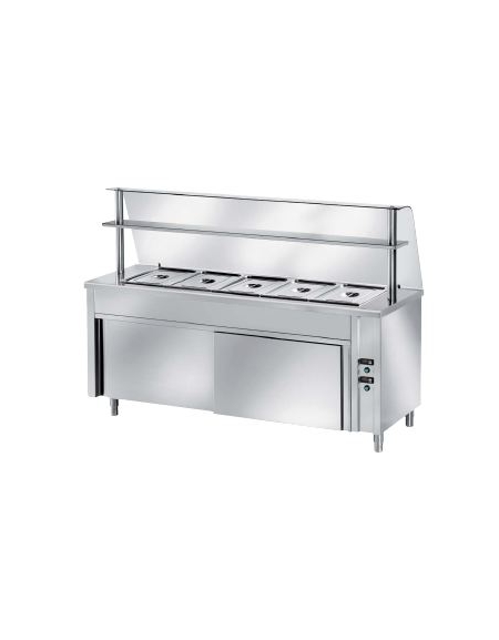 TAVOLO INOX AISI304 CALDO SELFSERVICE BAGNOMARIA, X5 GN1/1, VANO INFERIORE RISCALDATO CON VETRO E MENSOLA-CM 200X70X145H