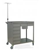 CARRELLO INOX DI SERVIZIO PER MEDICAZIONE CON 8 CASSETTI , PORTAFLACONI , PORTARIFIUTI E PIANTANA IPODERMOCLISI CM 100X60X101H