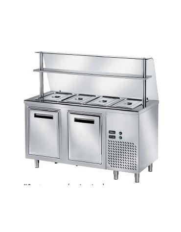 BANCO FREDDO REFRIGERATO PER MENSA SELF-SERVICE N° 4 GN 1/1 - VANO INFERIORE FREDDO - CON VETRO CURVO - CM. 150X70X145H
