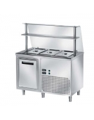Tavolo freddo self-service con vasca raggiata mm 200h, 1 anta refrigerata e vetro curvo - N°3 GN 1/1 - cm 120x70x145h