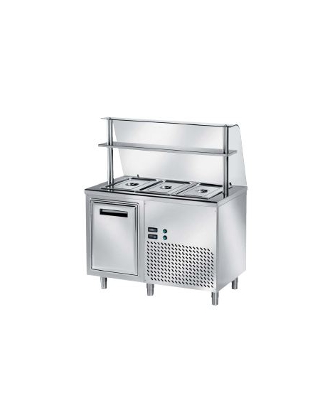 Tavolo freddo self-service con vasca raggiata mm 200h, 1 anta refrigerata e vetro curvo - N°3 GN 1/1 - cm 120x70x145h