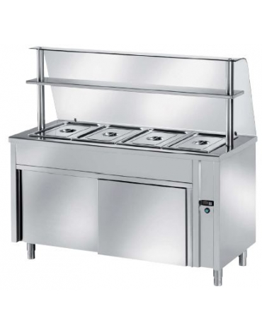 TAVOLO INOX AISI 304 CALDO SELF SERVICE BAGNOMARIA, 3 BACINELLE GN1/1 - VANO INFERIORE NEUTRO CON VETRO E MENSOLA CM 120X70X145H