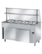 TAVOLO INOX AISI 304 CALDO SELF SERVICE BAGNOMARIA, 4 BACINELLE GN 1/1 - VANO INFERIORE NEUTRO CON VETRO E MENSOLA CM 150X70X145