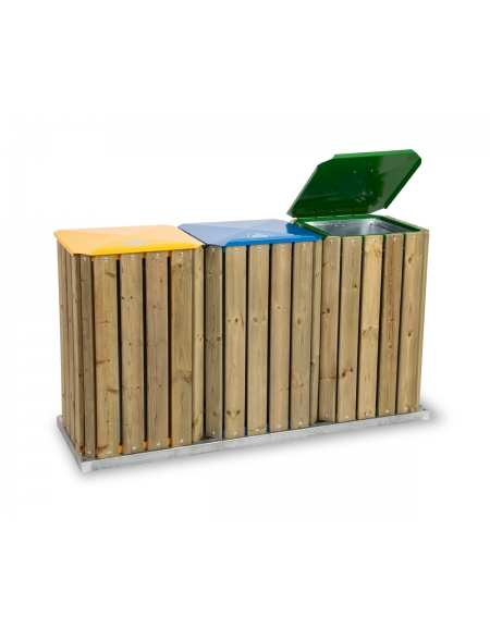 Cestone per rifiuti in legno per raccolta differenziata a 3 settori con tettuccio con capacità da Lt 90 cadauno - cm 150x50x90h