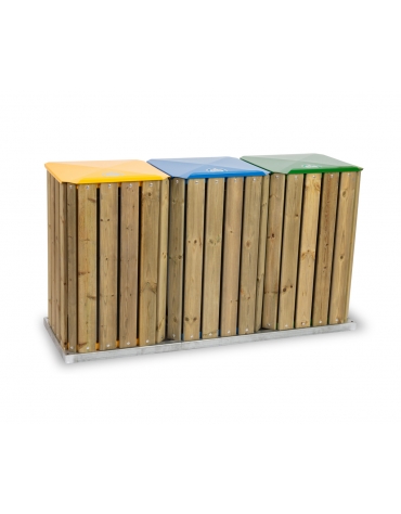 Cestone per rifiuti in legno per raccolta differenziata a 3 settori con tettuccio con capacità da Lt 90 cadauno - cm 150x50x90h