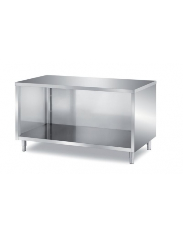 TAVOLO INOX A GIORNO CON SCHIENALE E PANNELLATURA SOTTOPIANO INOX - CM. 70X70X85H