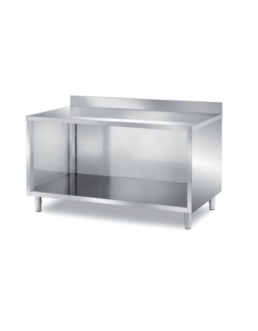 TAVOLO INOX A GIORNO CON SCHIENALE E PANNELLATURA SOTTOPIANO INOX - CON ALZATINA - CM. 70X70X85H