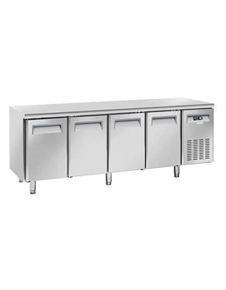 Tavolo refrigerato 4 porte, in acciaio inox AISi 304, refrigerazione ventilata - cm 223x70x86h