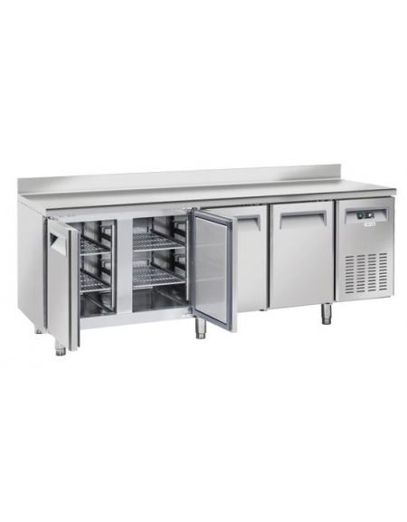 Tavolo refrigerato 4 porte con alzatina, in acciaio inox AISi 304, refrigerazione ventilata - cm 223x70x96h