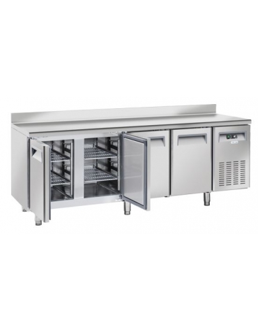 Tavolo refrigerato 4 porte, in acciaio inox AISi 304 con alzatina, refrigerazione ventilata - 223x70x96h