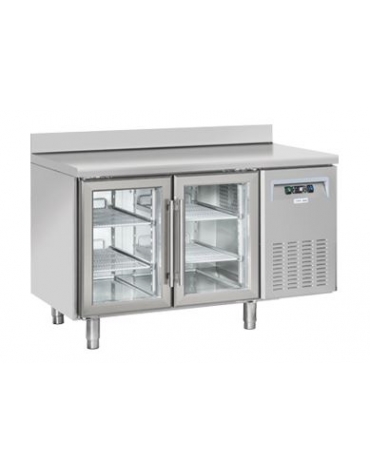 Tavolo refrigerato 2 porte a vetri con alzatina, in acciaio inox AISi 304, refrigerazione ventilata - cm 136x60x96h