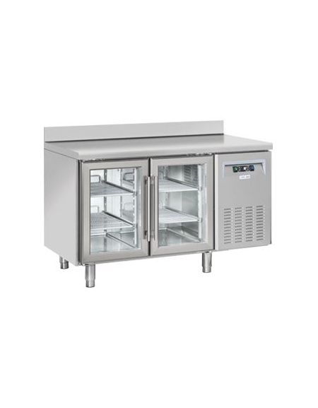 Tavolo refrigerato 2 porte a vetri con alzatina, in acciaio inox AISi 304, refrigerazione ventilata - cm 136x60x96h