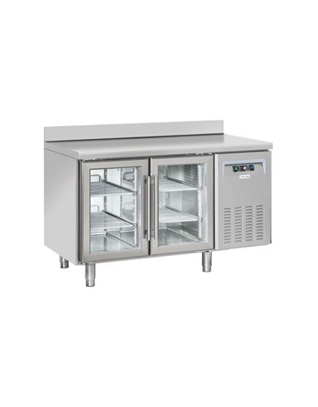 Tavolo refrigerato inox 2 porte a vetro con alazatina per vassoi mm 325x410, refrigerazione ventilata - cm 135x62,5x95h