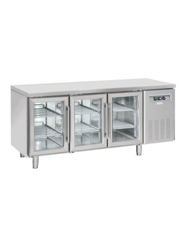 Tavolo refrigerato 3 porte a vetro in acciaio inox per vassoi mm 325x410, refrigerazione ventilata +3°/+10°C - cm 180x62,5x85h