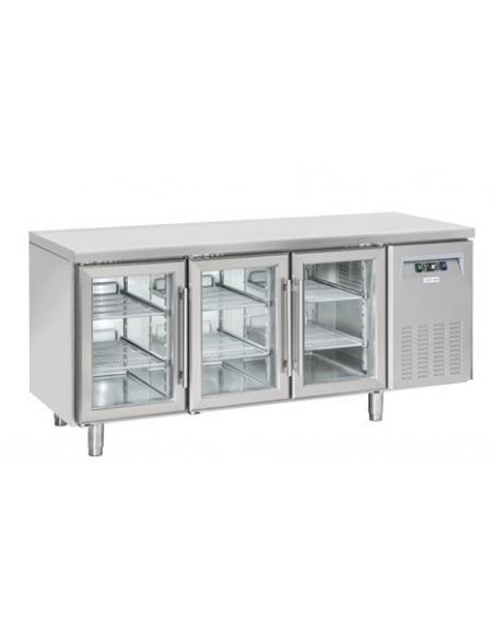 Tavolo refrigerato 3 porte a vetro in acciaio inox per vassoi mm 325x410, refrigerazione ventilata +3°/+10°C - cm 180x62,5x85h