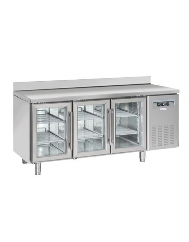 Tavolo refrigerato 3 porte a vetri con alzatina, in acciaio inox AISi 304, refrigerazione ventilata  - 179.5x60x96h