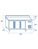 Tavolo refrigerato 3 porte a vetri con alzatina, in acciaio inox AISi 304, refrigerazione ventilata  - 179.5x60x96h