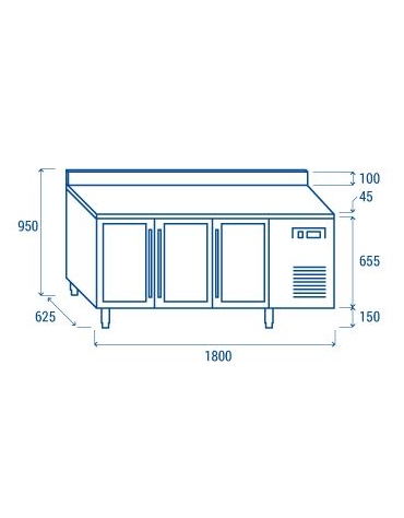 Tavolo refrigerato 3 porte a vetri con alzatina, in acciaio inox AISi 304, refrigerazione ventilata  - 179.5x60x96h