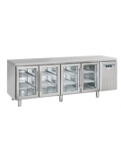 Tavolo refrigerato 4 porte a vetro in acciaio inox per vassoi mm 325x410, refrigerazione ventilata +3°/+10°C - cm 225x62,5x85h