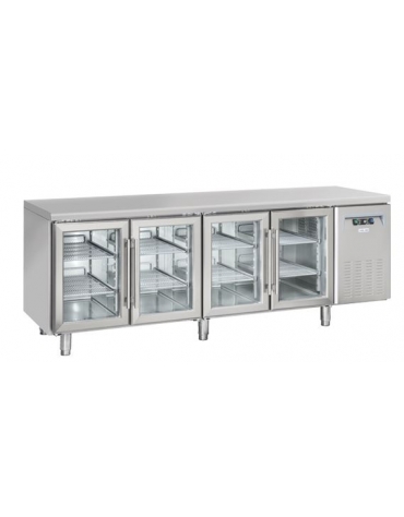 Tavolo refrigerato 4 porte a vetri, in acciaio inox AISi 304, refrigerazione ventilata - 223x60x86h