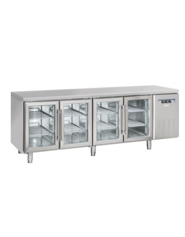 Tavolo refrigerato 4 porte a vetro in acciaio inox per vassoi mm 325x410, refrigerazione ventilata +3°/+10°C - cm 225x62,5x85h