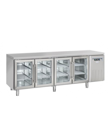 Tavolo refrigerato 4 porte a vetro in acciaio inox per vassoi mm 325x410, refrigerazione ventilata +3°/+10°C - cm 225x62,5x85h