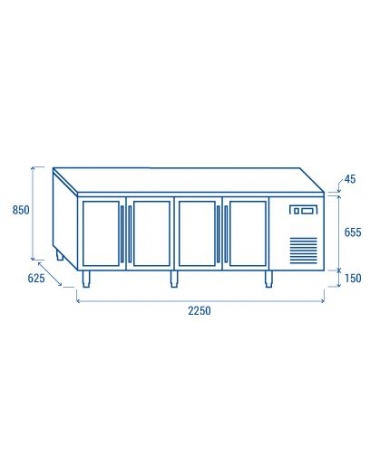 Tavolo refrigerato 4 porte a vetri, in acciaio inox AISi 304, refrigerazione ventilata - 223x60x86h