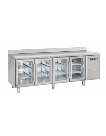 Tavolo refrigerato inox 4 porte a vetro con alazatina per vassoi mm 325x410, refrigerazione ventilata - cm 225x62,5x95h