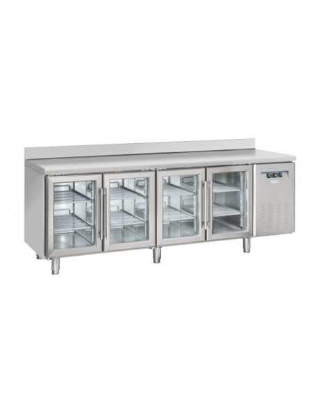 Tavolo refrigerato inox 4 porte a vetro con alazatina per vassoi mm 325x410, refrigerazione ventilata - cm 225x62,5x95h