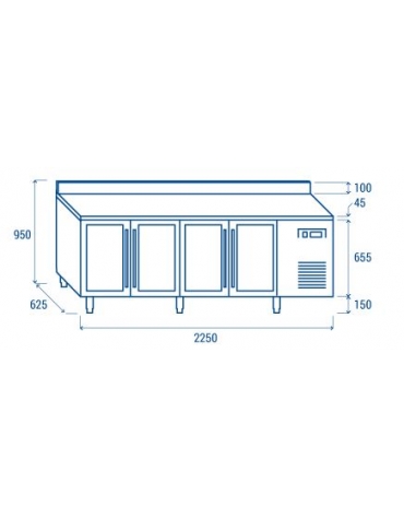 Tavolo refrigerato 4 porte a vetri con alzatina, in acciaio inox AISi 304, refrigerazione ventilata - 223x60x96h