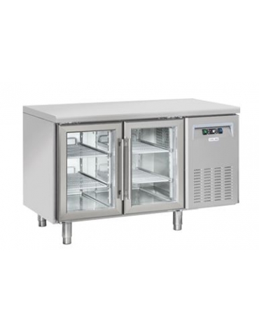 Tavolo refrigerato 2 porte a vetro in acciaio inox AISi 304 refrigerazione ventilata - Classe B - cm 135x72,5x85h