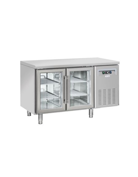 Tavolo refrigerato 2 porte a vetro in acciaio inox AISi 304 refrigerazione ventilata - Classe B - cm 135x72,5x85h
