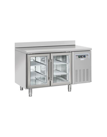Tavolo refrigerato 2 porte a vetri con alzatina, in acciaio inox AISi 304, refrigerazione ventilata - cm 136x70x96h