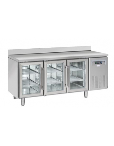 Tavolo refrigerato 3 porte a vetro con alzatina in acciaio inox, refrigerazione ventilata +3°/+10°C - Classe C - cm 180x72,5x95h