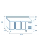 Tavolo refrigerato 3 porte a vetri con alzatina, in acciaio inox AISi 304, refrigerazione ventilata- cm 179.5x70x96h