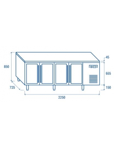 Tavolo refrigerato 4 porte a vetri, in acciaio inox AISi 304, refrigerazione ventilata - cm 223x70x86h