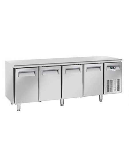Tavolo refrigerato 4 porte in acciaio inox per vassoi mm 325x410, refrigerazione ventilata -2°/+8°C - Classe D - cm 225x60x85h