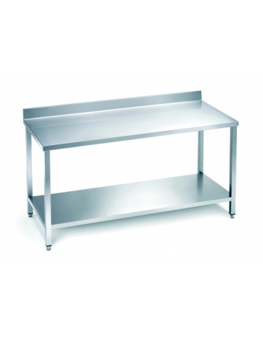 Tavolo in acciaio inox con alzatina e ripiano cm.230x70x85/90h