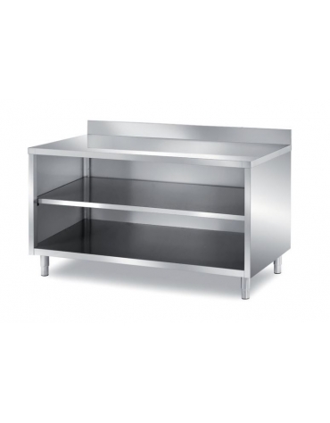 TAVOLO INOX A GIORNO CON SCHIENALE, RIPIANO INTERMEDIO E  PANNELLATURA SOTTOPIANO INOX - CON ALZATINA - CM. 60X70X85H