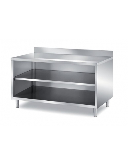 TAVOLO INOX A GIORNO CON SCHIENALE, RIPIANO INTERMEDIO E  PANNELLATURA SOTTOPIANO INOX - CON ALZATINA - CM. 70X70X85H