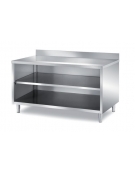 TAVOLO INOX AISI 304 A GIORNO CON SCHIENALE, RIPIANO INTERMEDIO E  PANNELLATURA SOTTOPIANO INOX - CON ALZATINA - CM. 120X70X85H