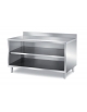 TAVOLO INOX AISI 304 A GIORNO CON SCHIENALE, RIPIANO INTERMEDIO E  PANNELLATURA SOTTOPIANO INOX - CON ALZATINA - CM. 200X70X85H